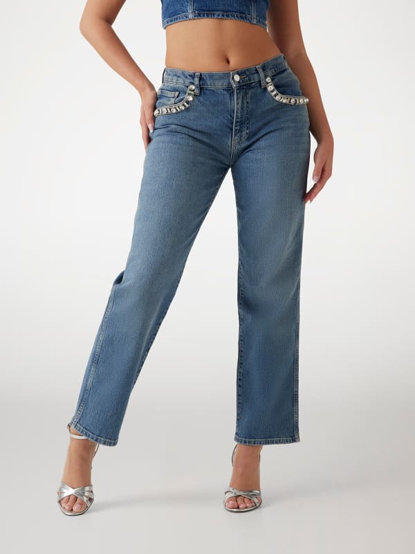Jeans GUESS Straight Denim Pant With Rhinestone Detail Sininen | W5RA1ND5ACC