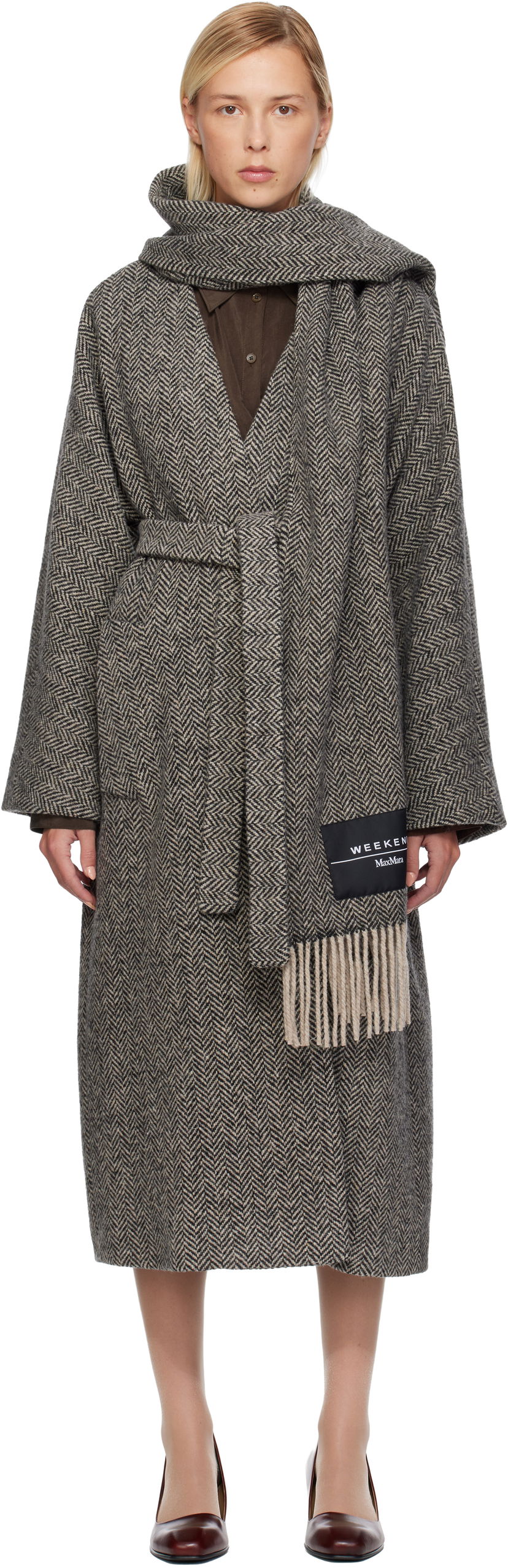 Takit Max Mara Weekend Zenica Herringbone Belted Coat with Scarf Harmaa | 2525016042600