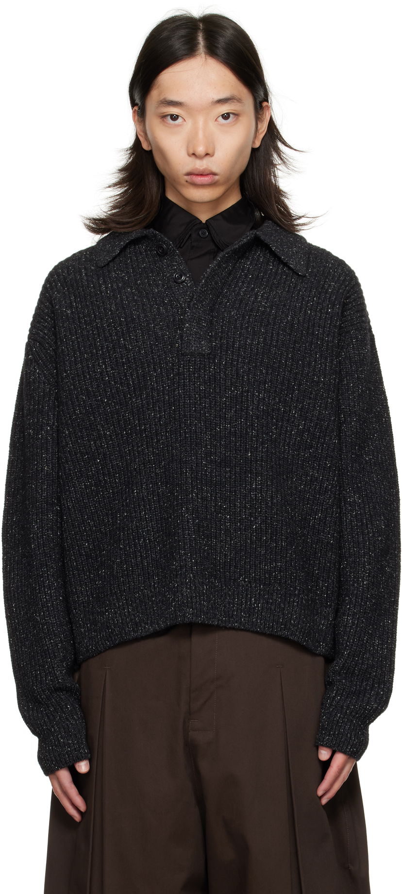 Villapaita sage NATION SAGE NATION Knit Polo Sweater Musta | S098 POLO WOOL SPECKLED CHARCO