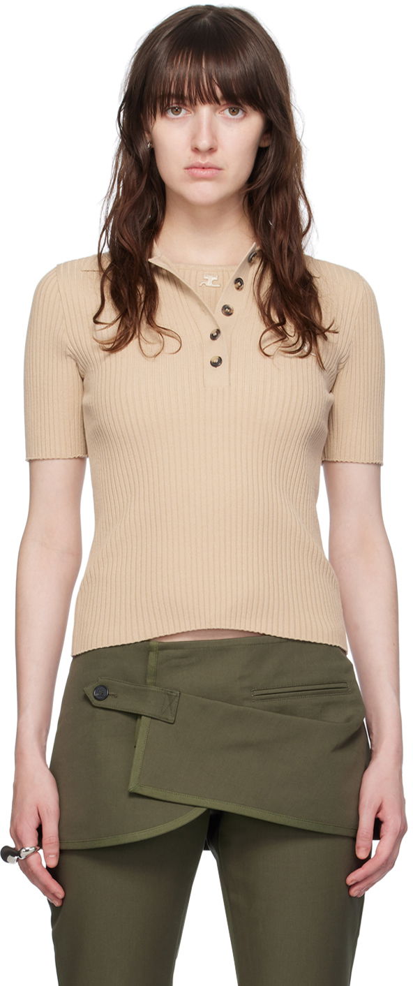 Poolopaita Courrèges Courrèges Ribbed Knit Polo Shirt Beige | VESMPO029FI0001