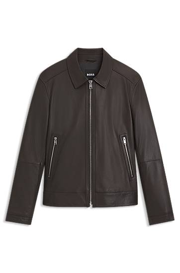 Takki BOSS Regular-Fit Leather Jacket with Zip Closure Ruskea | 50543214