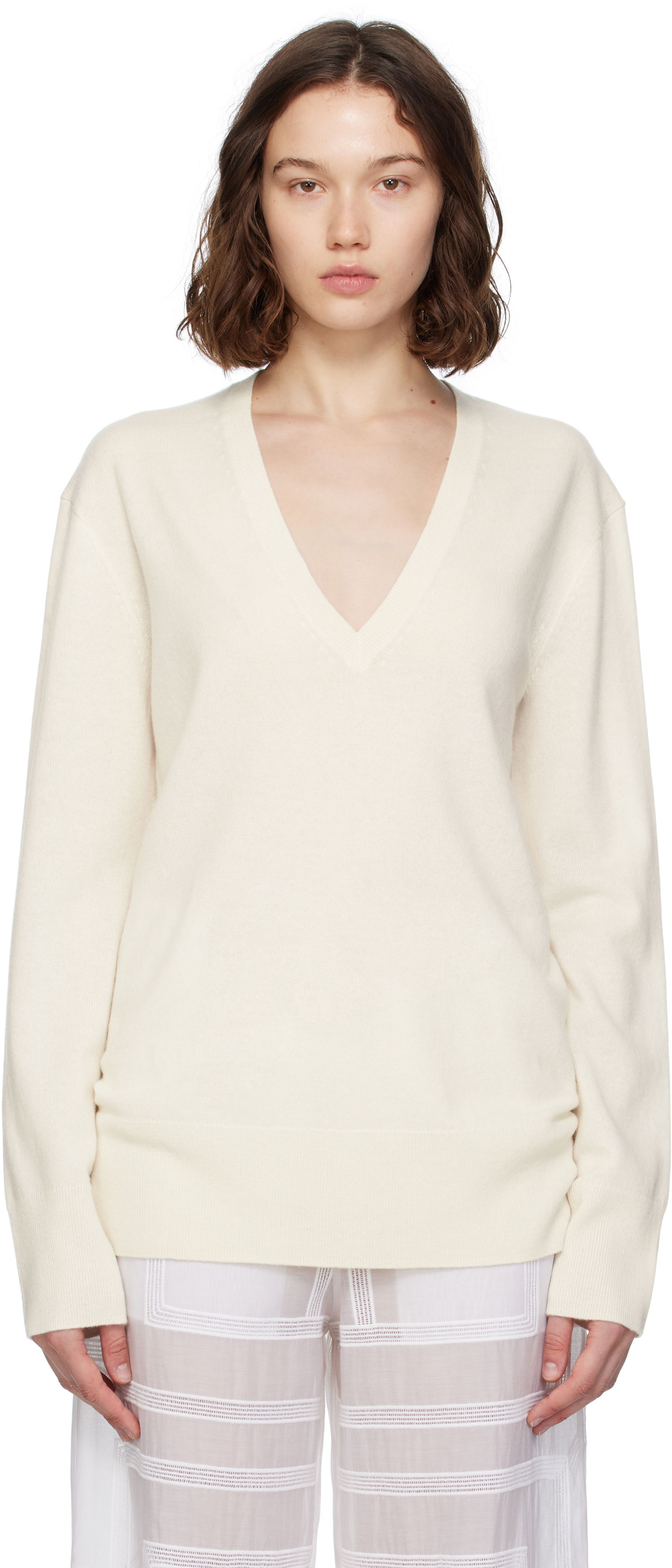 Villapaita TOTEME TOTEME Cashmere V-Neck Knit Sweater Valkoinen | 252-WRT0521-YA0016, 0