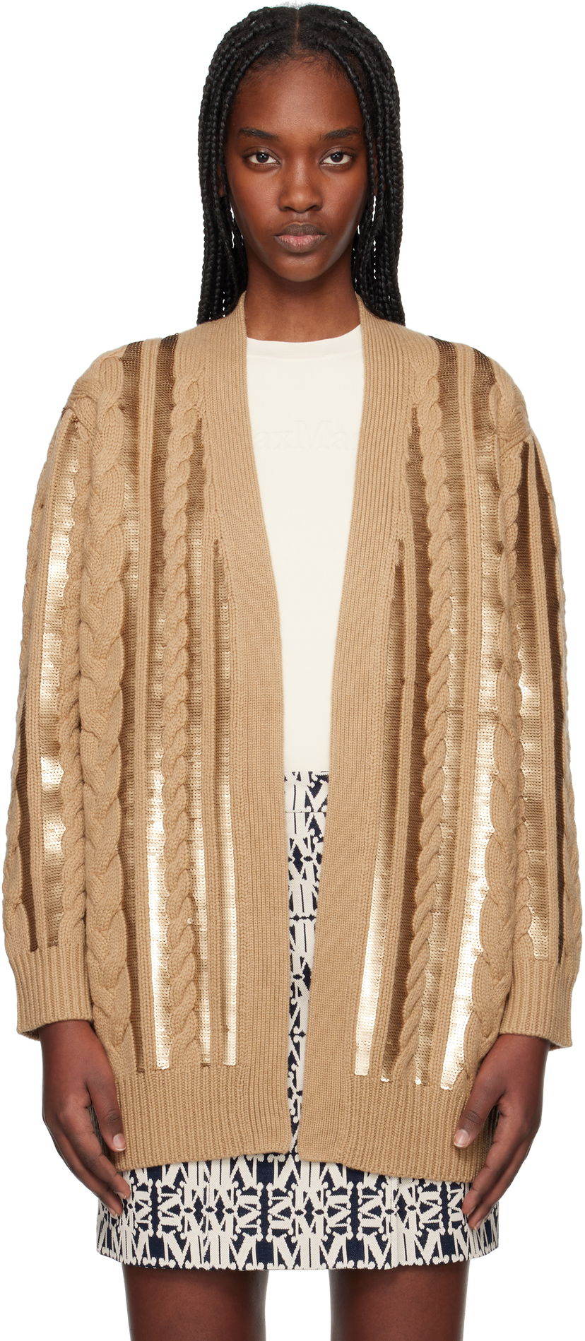 Villapaita Max Mara Max Mara Cable Knit Sequin Cardigan Ruskea | 2511341011675