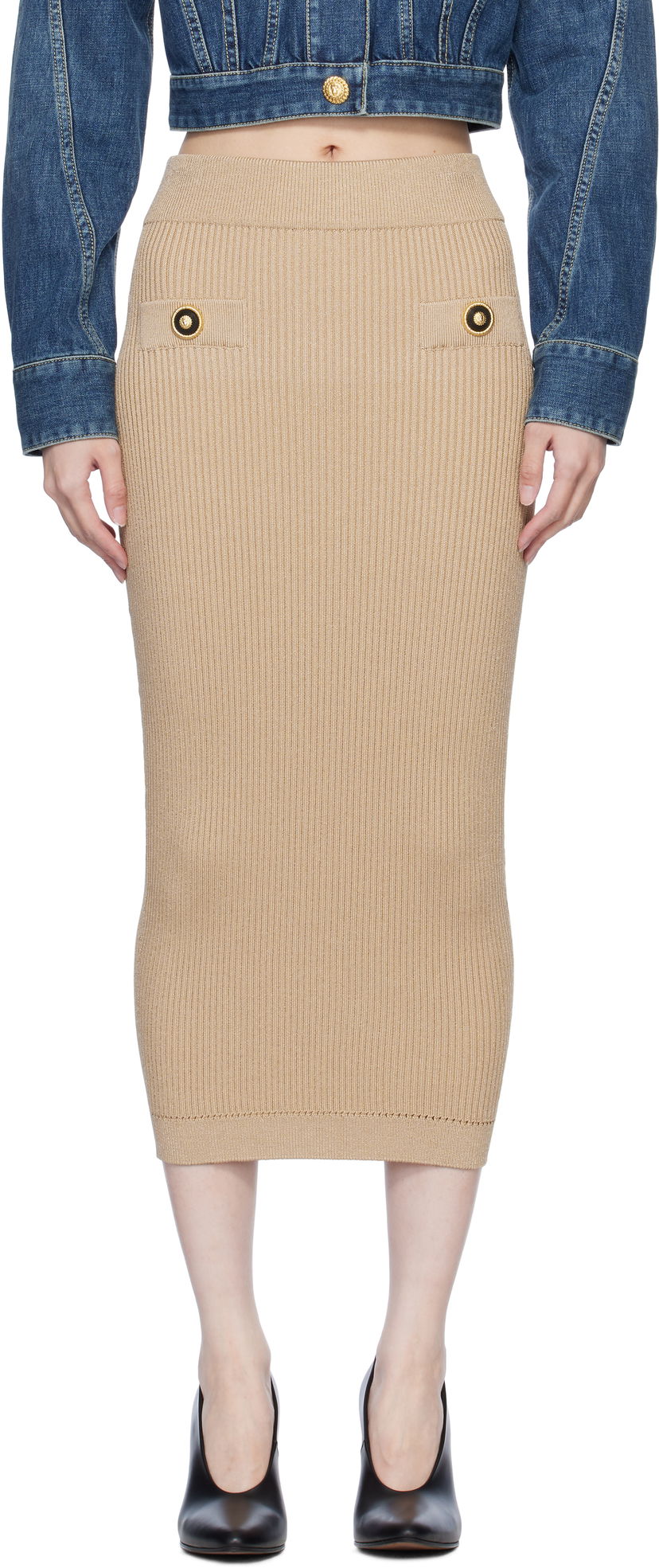 Hame Balmain Ribbed Knit Midi Skirt Beige | EF1LD022KI10