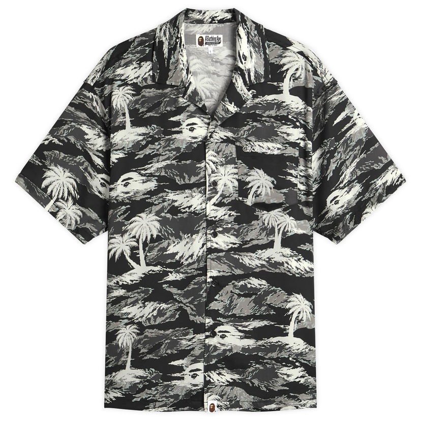 Paita BAPE A Bathing Ape Palm Tree Camo Open Collar Pocket Shirt Musta | 001SRL301306M-BLK