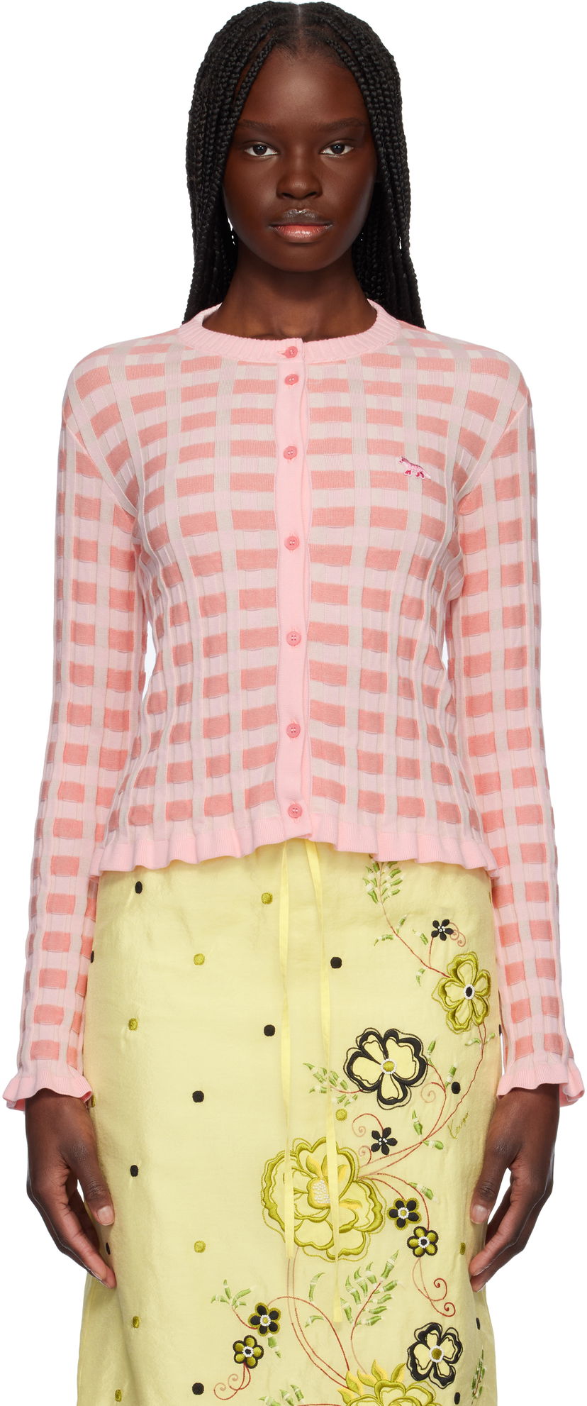 Villapaita MAISON KITSUNÉ Maison Kitsuné Checked Ribbed Knit Cardigan Vaaleanpunainen | OW00503KT1120