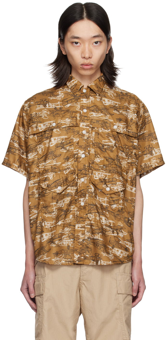 Paita BEAMS BEAMS PLUS Adventure II Biplane Print Shirt Ruskea | 3801-0122-791