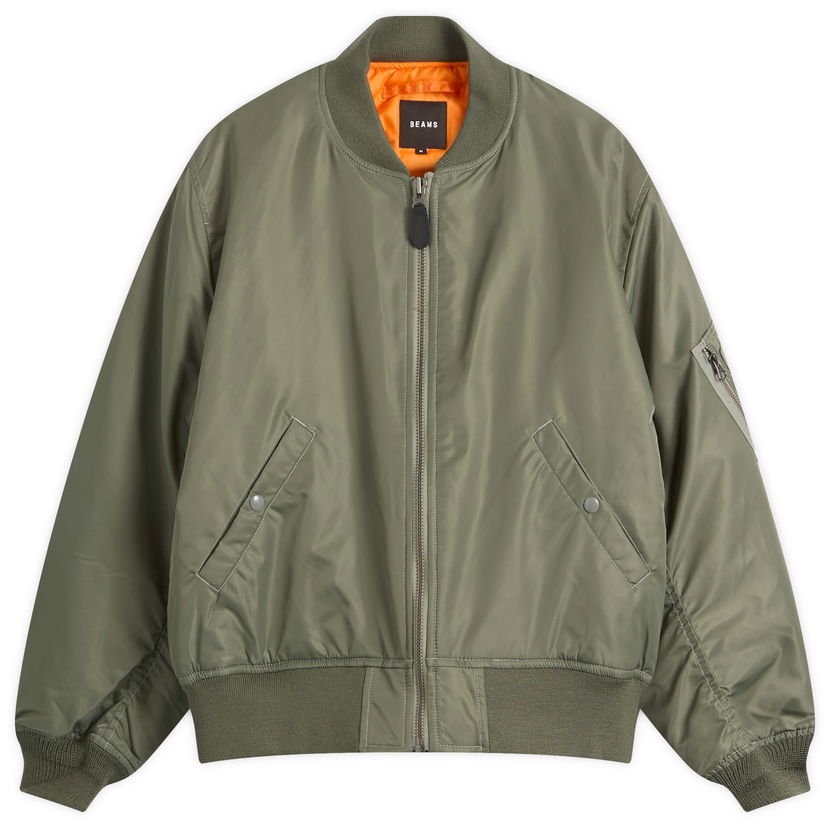 Bomber-takki BEAMS MA1 Bomber Jacket with Ribbed Trims, Zip Closure, Snap Pockets, and Orange Lining Vihreä | 1118-5607-139-67