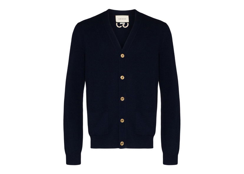 Villapaita Gucci GG Embroidered Logo Cardigan Navy Tummansininen | 599866XKA5B4440