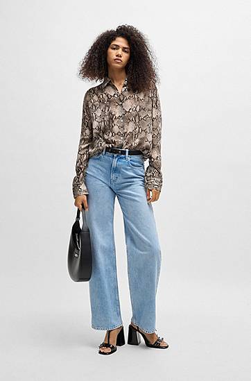 Paita BOSS Oversized Python-Print Crepe de Chine Blouse Ruskea | 50539779, 1
