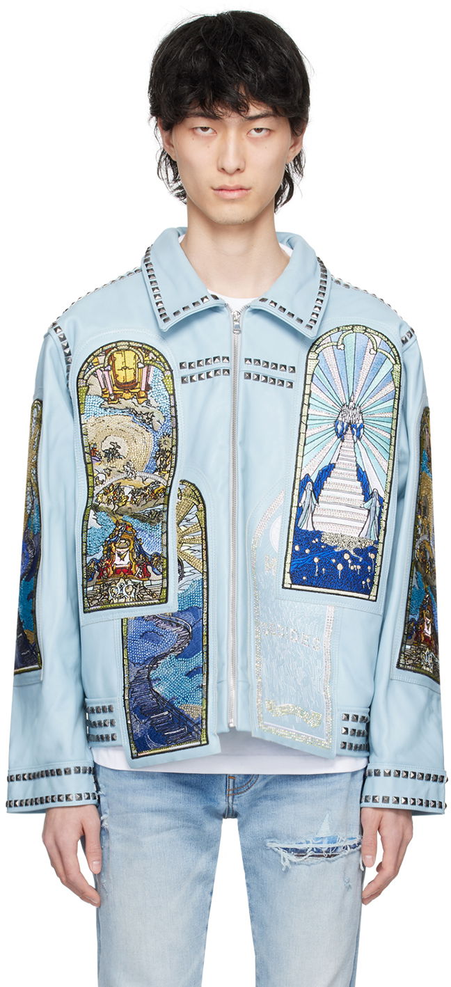 Takki Who Decides War Eternity Stained-Glass Embroidered Studded Leather Jacket Sininen | 1131110008SS24