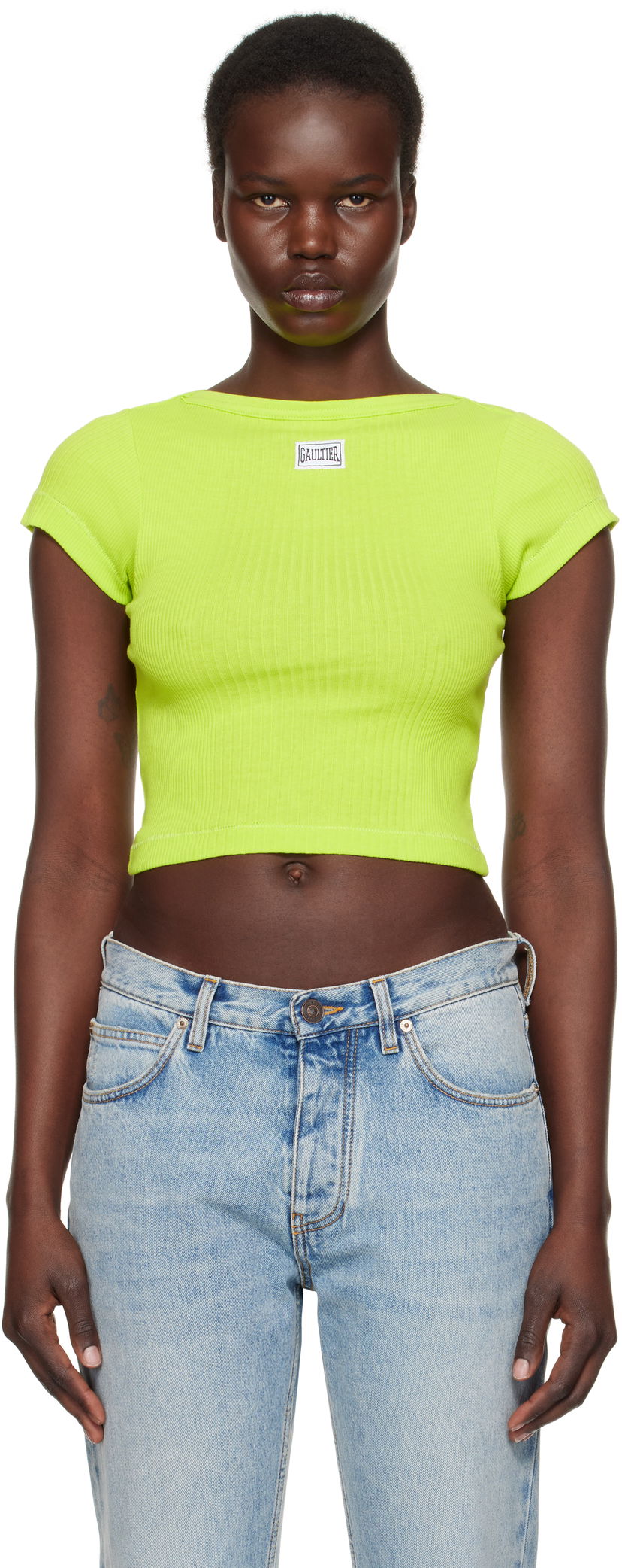 Crop top Jean Paul Gaultier Jean Paul Gaultier 'The Patch' Cropped Ribbed T-Shirt Vihreä | 25/33-F-TS105P-J054-44
