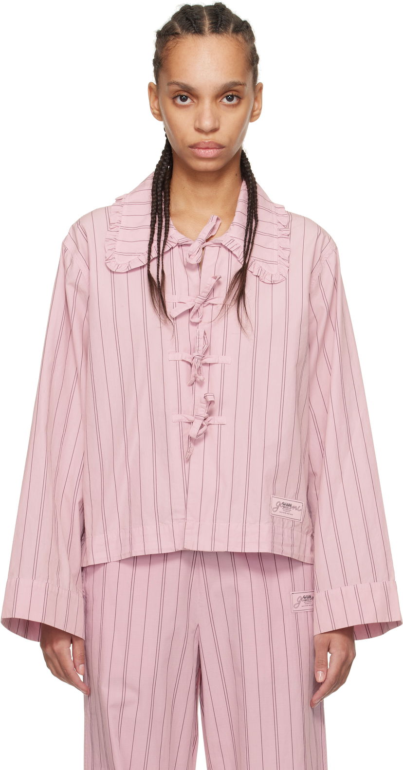 Paita GANNI GANNI Stripe Cotton Pyjama Shirt Vaaleanpunainen | W0326