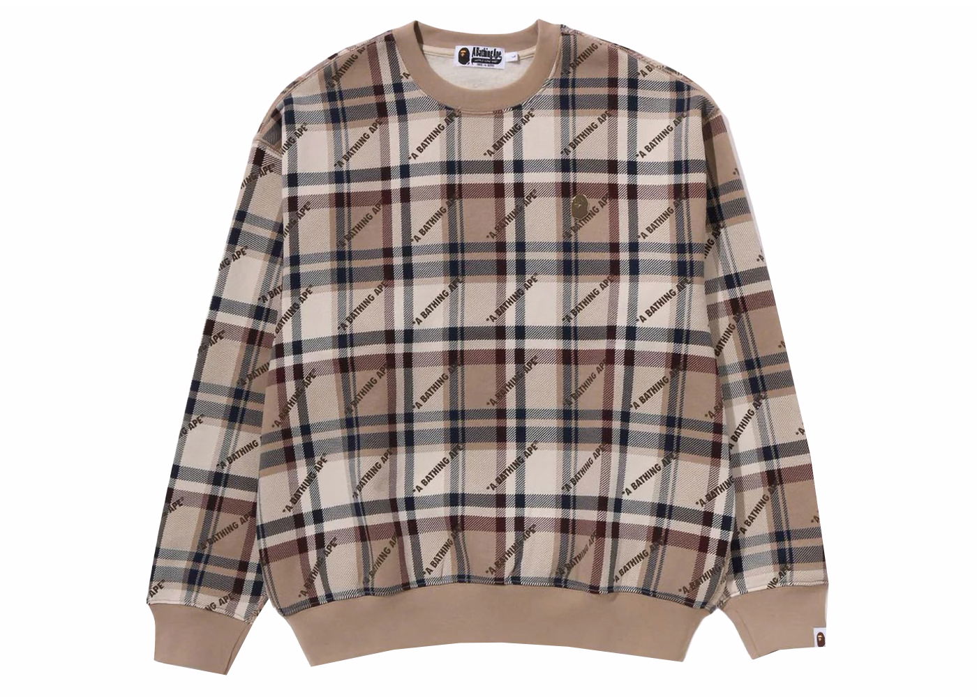 Huppari BAPE BAPE A Bathing Ape Logo Check Pattern Crewneck Beige Ruskea | 1J80-113-061, 0