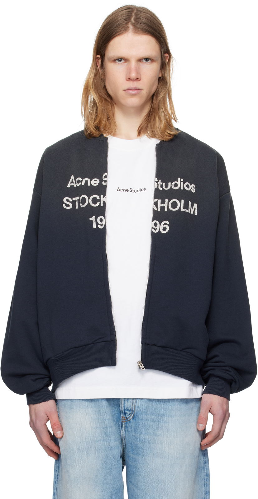 Bomber-takki Acne Studios Acne Studios Logo Zip Sweater Tummansininen | CI0189-