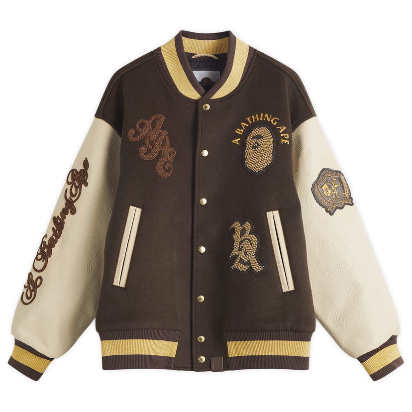Bomber-takki BAPE Line Camo Logo Wool Varsity Jacket, Size Large Ruskea | 001HJL301302M-BRN