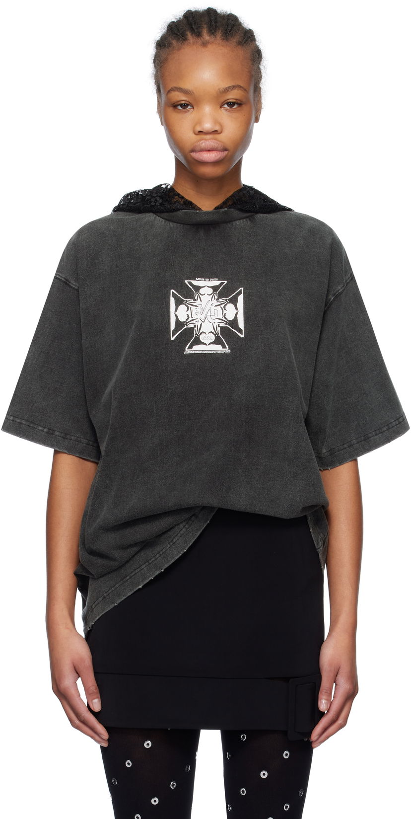 T-paita We11done We11done Heart Cross Graphic Hooded T-Shirt Harmaa | WD-TH0-25-842-U-BK
