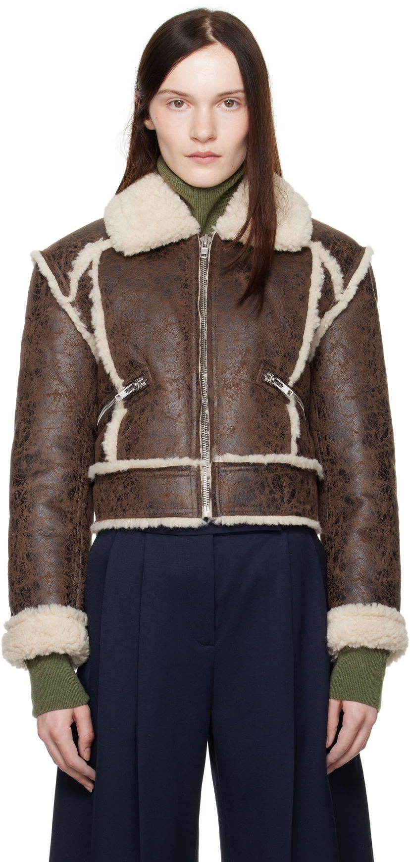 Bomber-takki STAND STUDIO Faux Leather and Sherpa Jacket Ruskea | 66402-9996