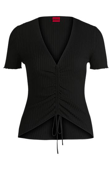 Villapaita BOSS Ribbed Knit V-Neck Top with Gathered Front Musta | 50538231