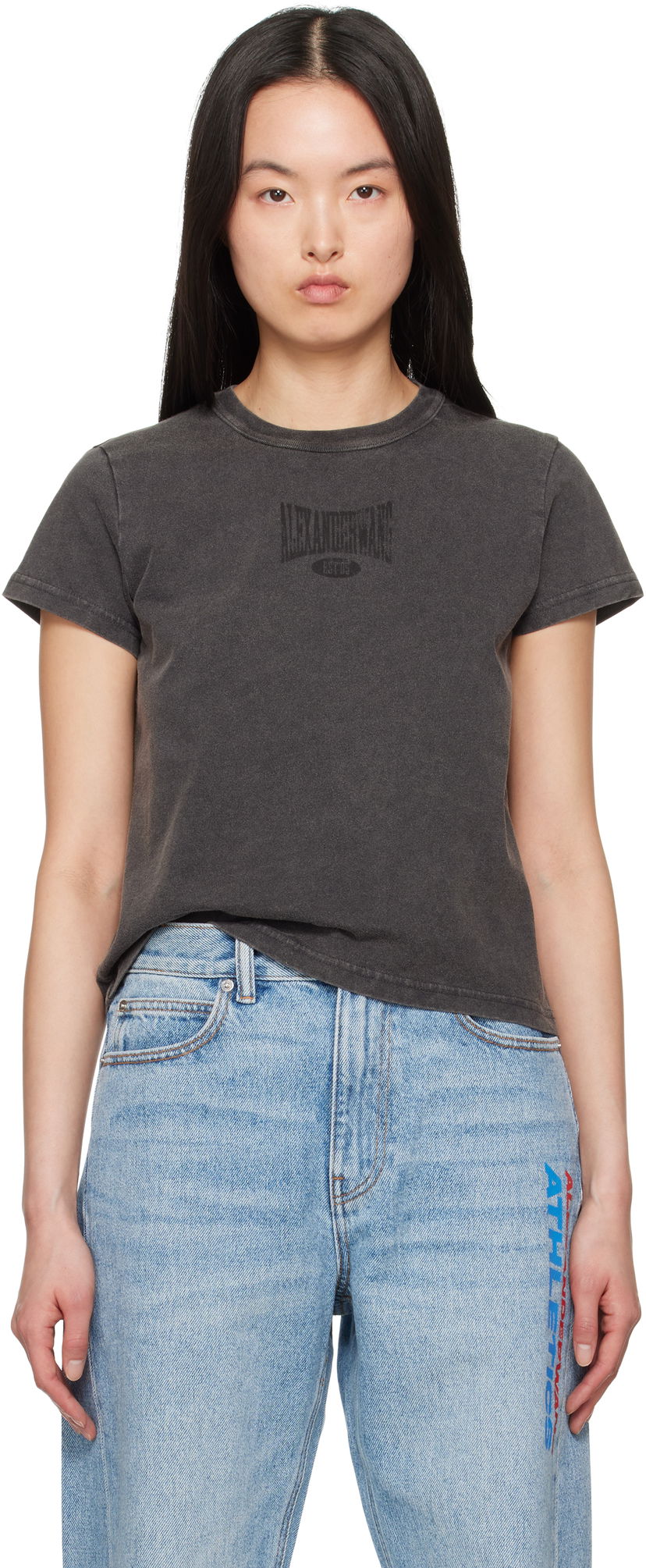 T-paita Alexander Wang Alexander Wang Distressed Logo Shrunken T-Shirt Harmaa | 4CC2251540