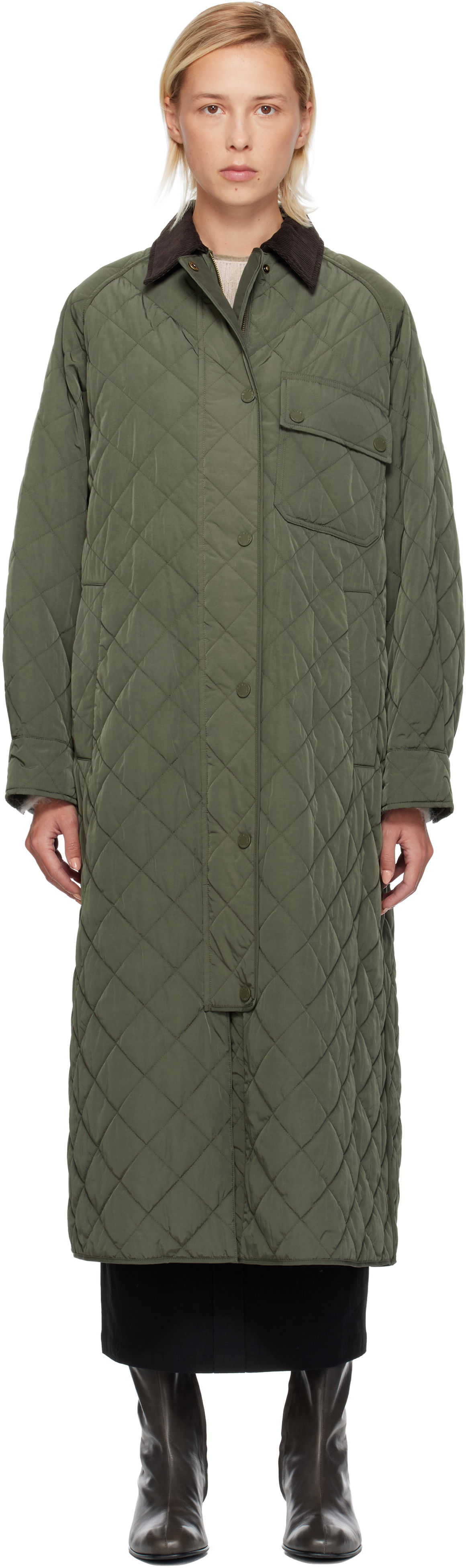 Takit Max Mara Coccole Quilted Long Coat with Corduroy Collar Vihreä | 2525496092600, 0