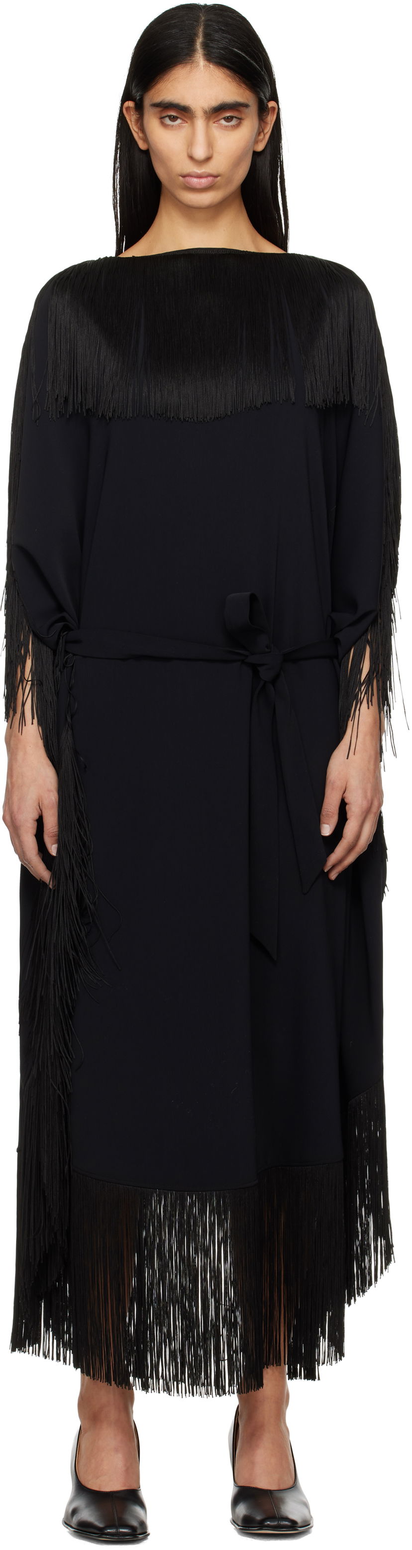 Mekko Maison Margiela MM6 Maison Margiela Fluid Fringe Midi Dress Musta | S52DD0061 S37977