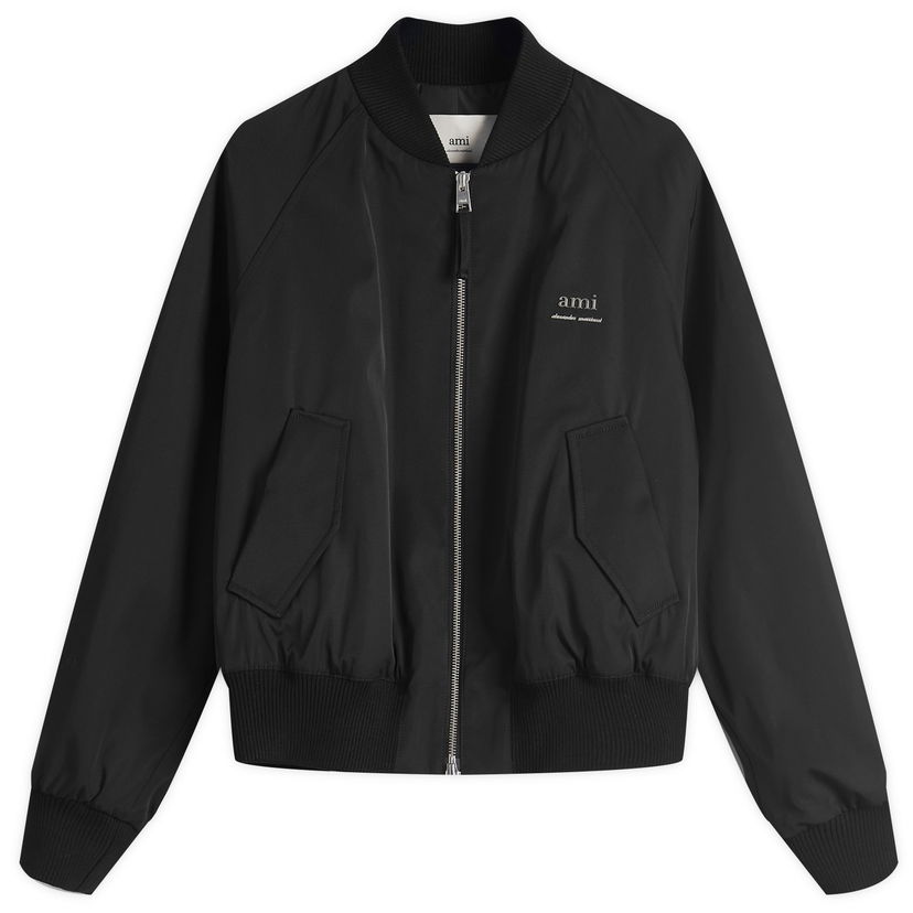 Bomber-takki AMI AMI Paris Women's Wool Gabardine Logo Bomber Jacket, Size Large Musta | FJK012-PA0007-001