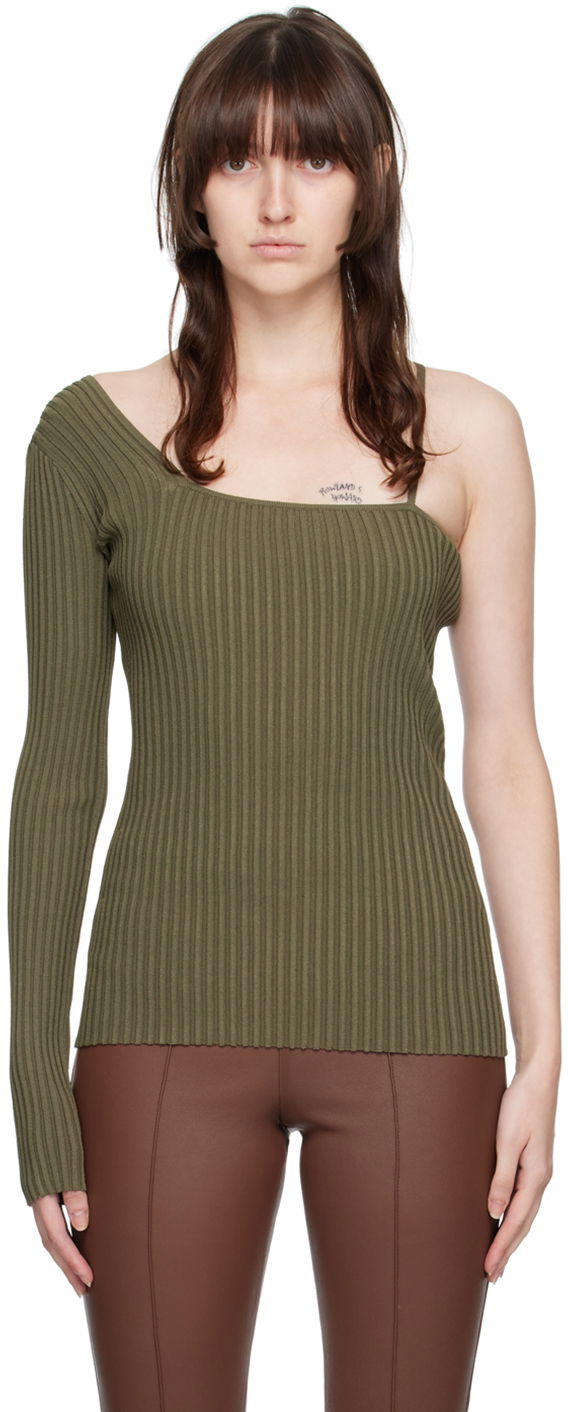 T-paita Helmut Lang One Shoulder Ribbed Long Sleeve Top Vihreä | M06HW704