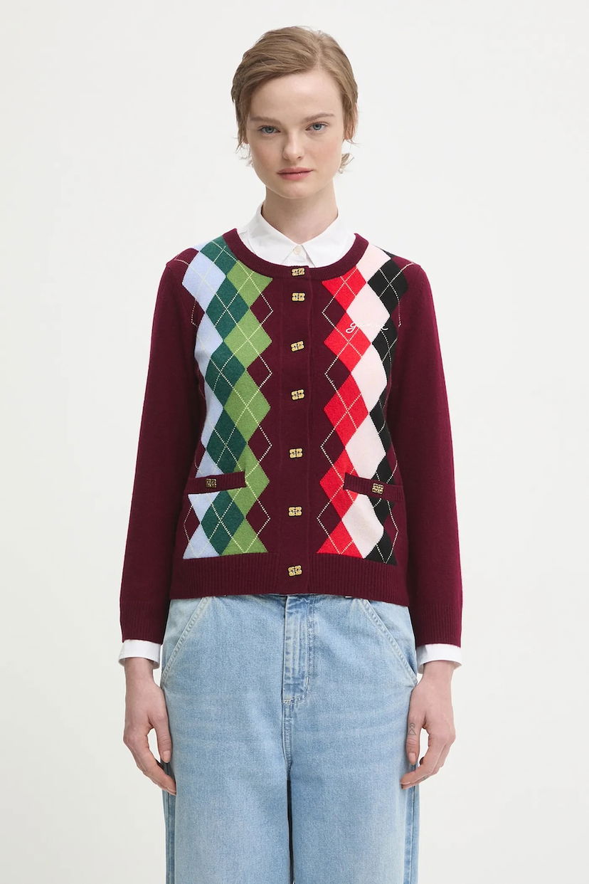 Villapaita GANNI Argyle Pattern Cashmere Wool Mix Round Neck Button-Front Cardigan Monivärinen | K2532
