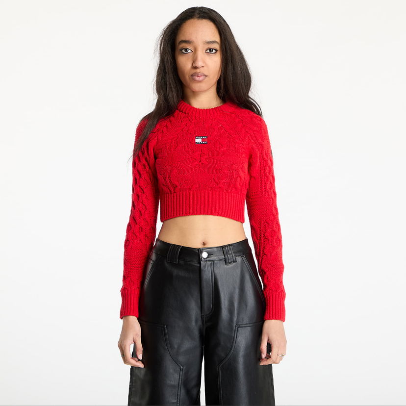 Villapaita Tommy Hilfiger Tommy Jeans Badge Star Cable Crop Sweater Punainen | DW0DW19882 XME