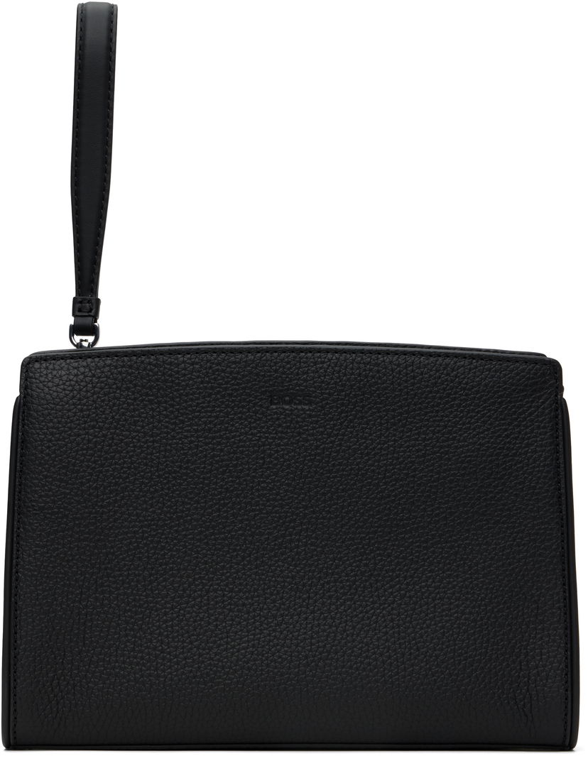 Lompakko BOSS BOSS Pebble-Grained Leather Wristlet Pouch Musta | 50548170