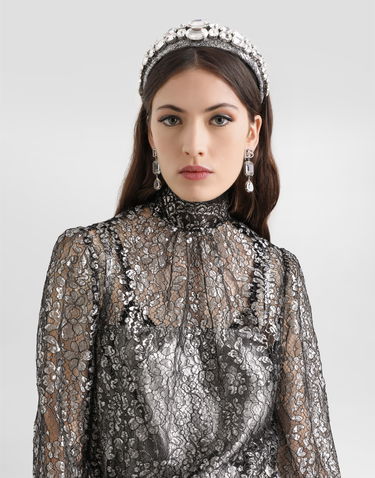 Paita Dolce & Gabbana High-neck Long-sleeve Lamé Lace Top with Scalloped Hem, Collection Metallinen | F7BD7TILMCFS0998, 3