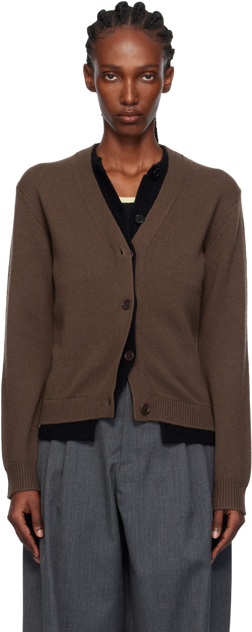 Villapaita JW Anderson Contrast Layered V-Neck Ribbed Cardigan Ruskea | KW1494-YN0423