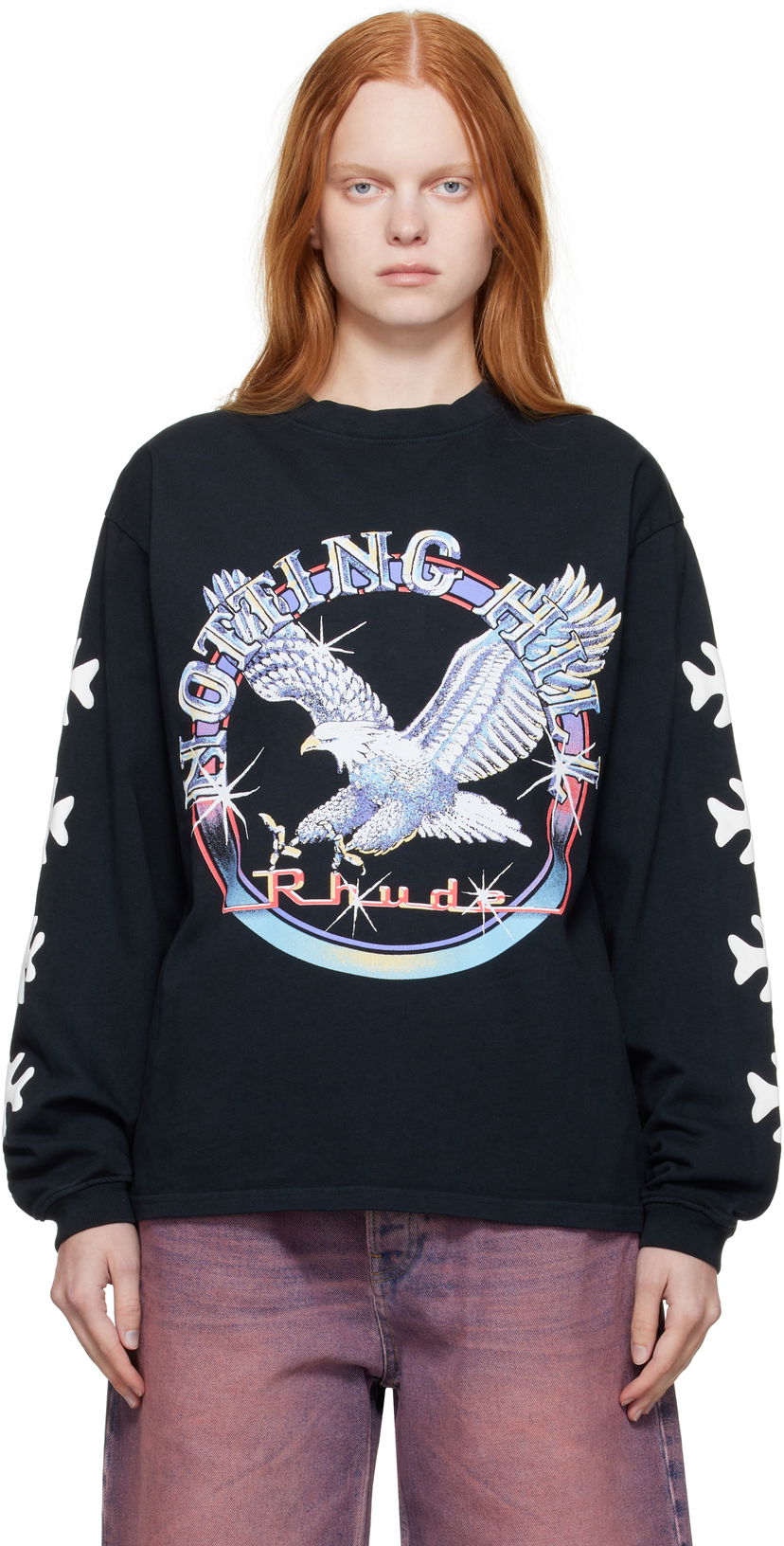 T-paita Rhude Rhude Notting Hill Eagle Graphic Long Sleeve T-Shirt Musta | RHPF25TT14012