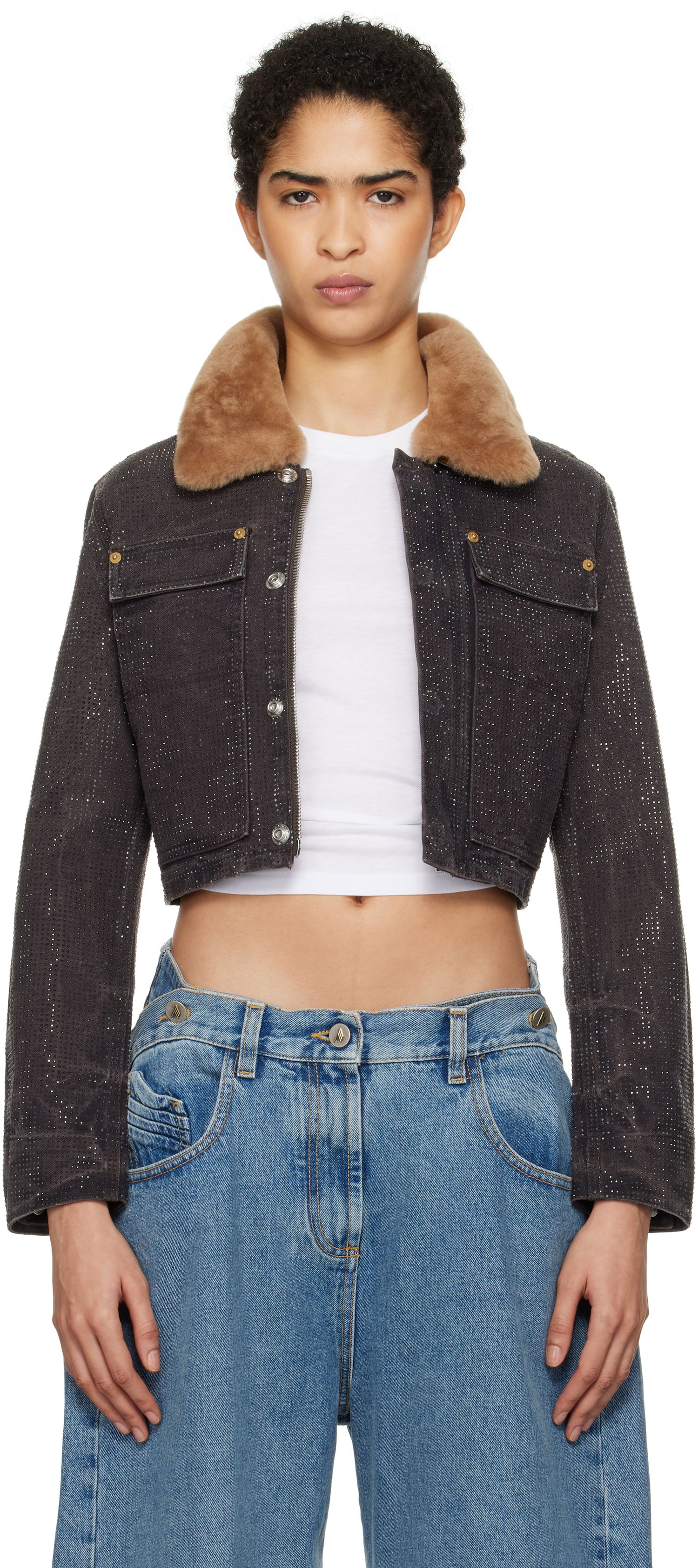 Takki Alexander Wang Alexander Wang Workwear Cropped Denim Jacket with Shearling Collar Ruskea | 1WC4242501, 0