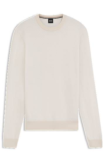 Villapaita BOSS Herringbone Virgin Wool and Cotton Sweater Beige | 50549985