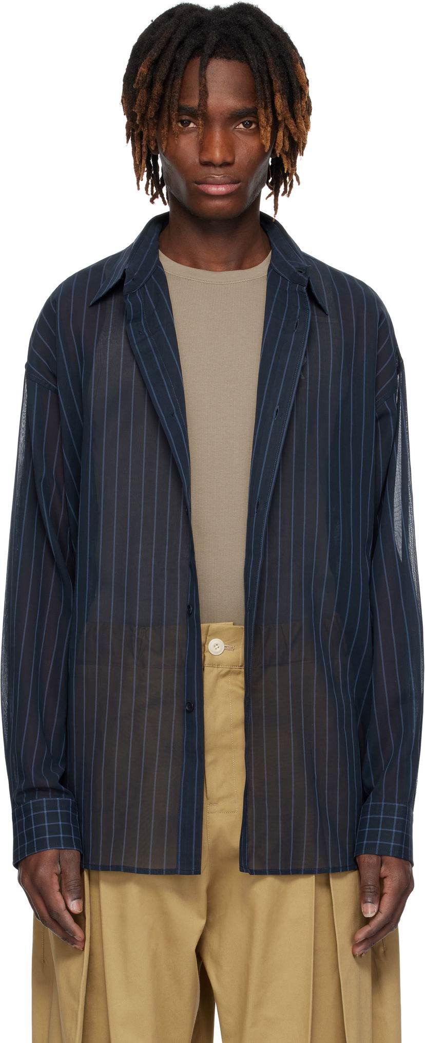 Paita sage NATION SAGE NATION Chisholm Sheer Striped Shirt Tummansininen | S075 CHISHOLM SHIRT