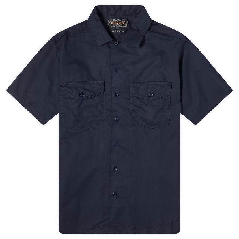 Paita BEAMS Beams Plus Work Twill Short Sleeve Shirt, Size Large Tummansininen | 3801-0060-388-79