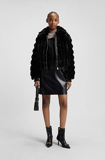 Takki BOSS Cropped Faux-Fur Jacket with Adjustable Drawstring Hem and Full Zip Musta | 50546815, 1