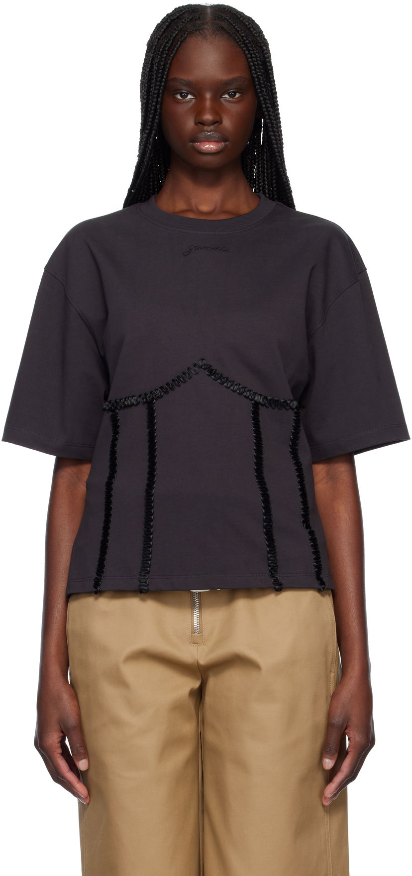 T-paita GANNI Ganni Cotton Tie Back T-Shirt Musta | T4179