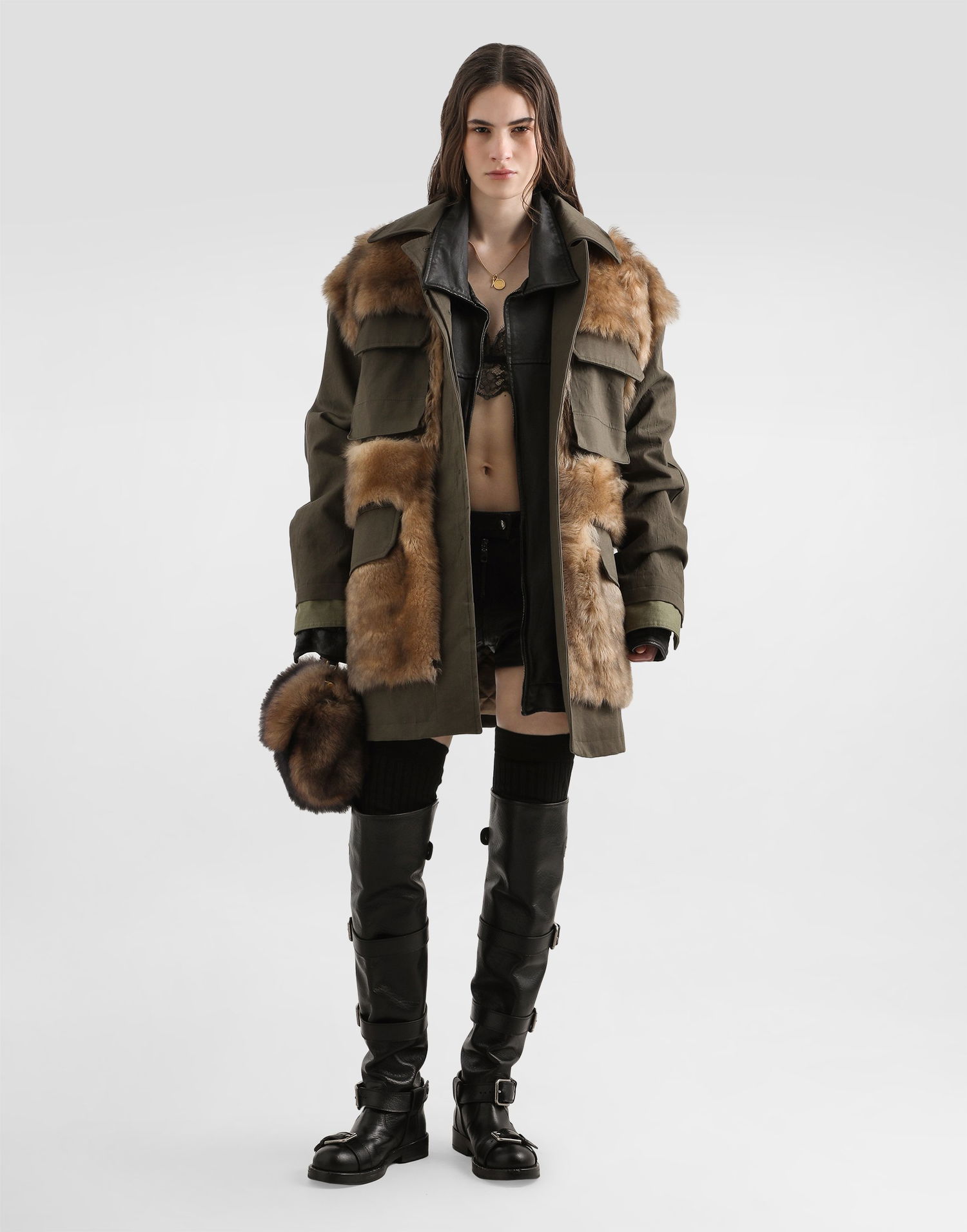 Takki Dolce & Gabbana Dolce & Gabbana Women's Fur and Gabardine Long Jacket Vihreä | F9T60ZHUMV1V0688, 1