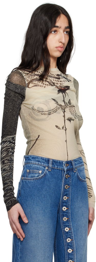 T-paitoja ja toppeja Jean Paul Gaultier Jean Paul Gaultier 'The Tattoo Rose and Bird' Printed Mesh Bodysuit Beige | 25/34-F-BD066-T583-030030, 1