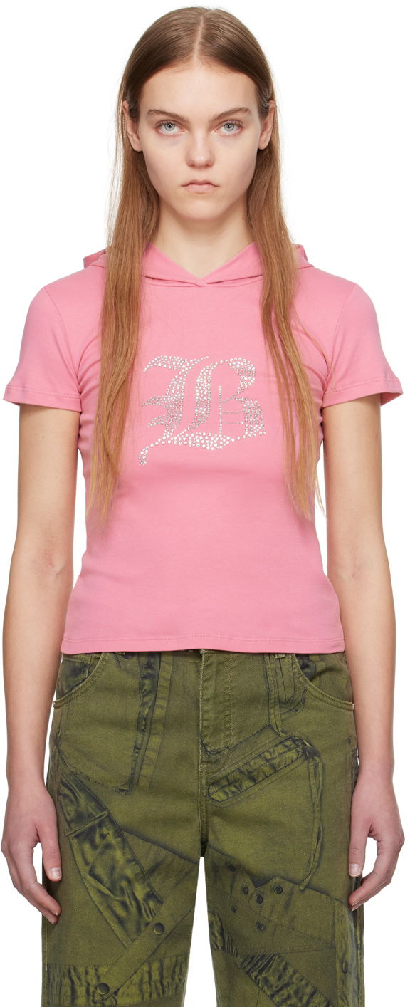 T-paita Blumarine Rhinestone Logo Hooded T-Shirt Vaaleanpunainen | P422T053A