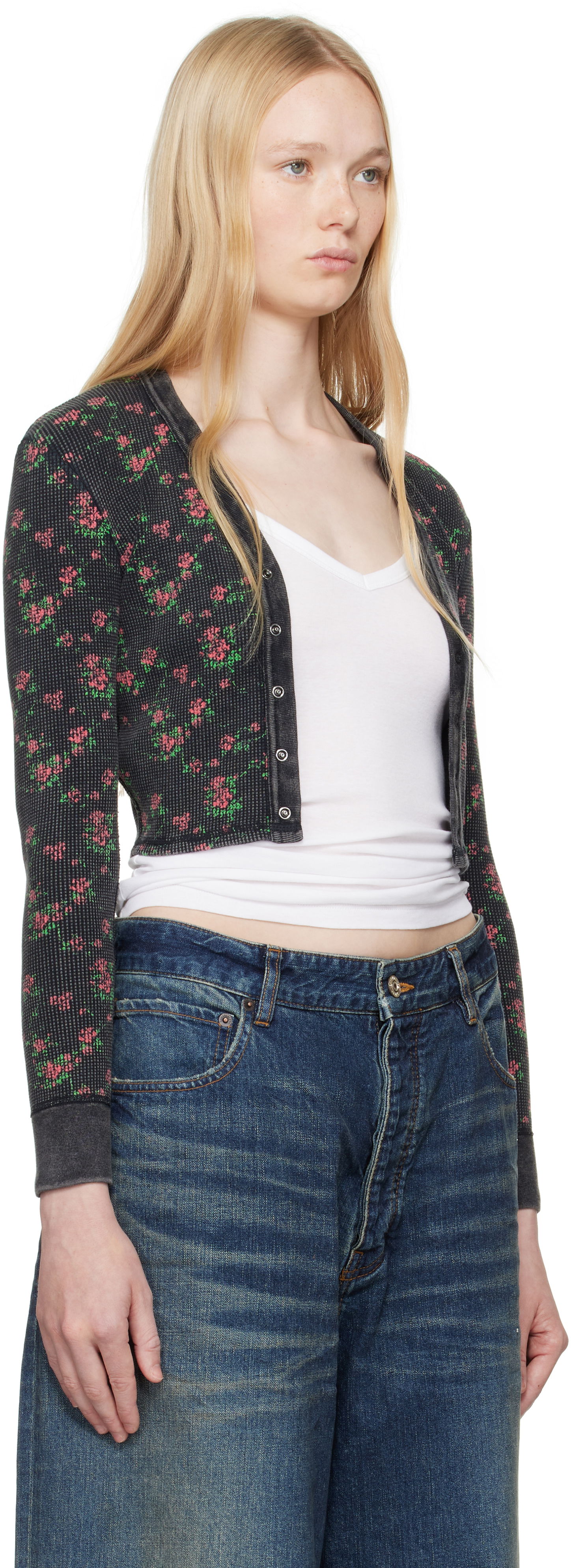 Villapaita Alexander Wang Alexander Wang Floral-Print Waffle Knit Cropped Cardigan Musta | 8C4245810P, 1