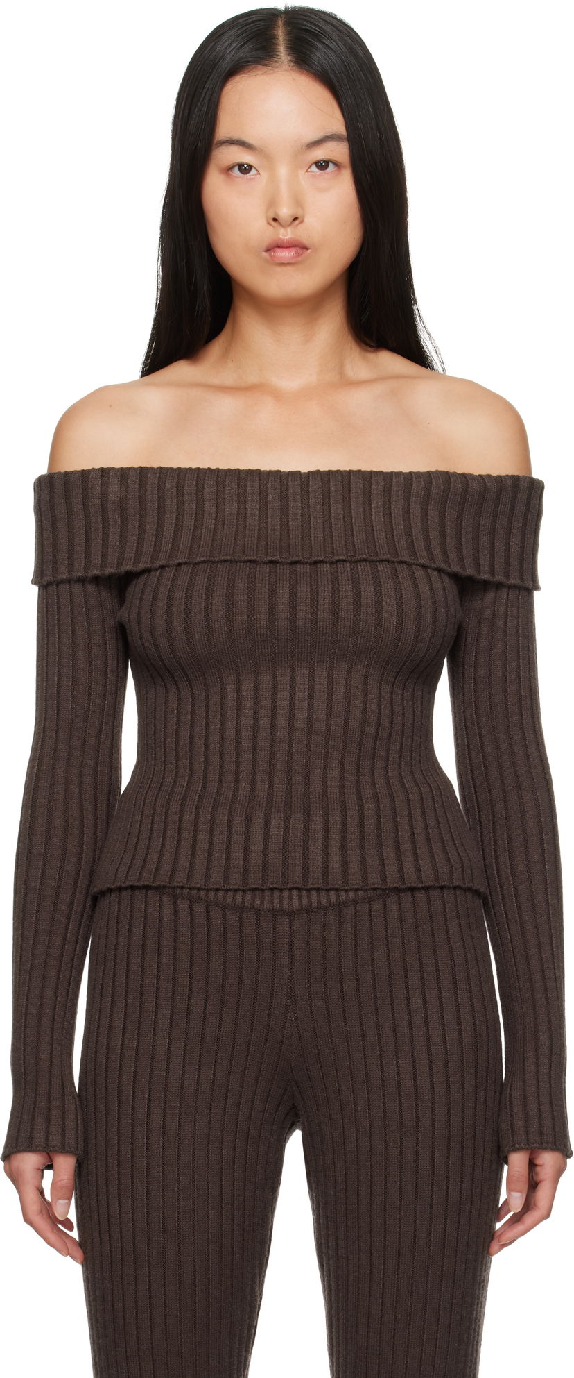 Villapaita GUIZIO Guizio Thalia Off Shoulder Ribbed Knit Sweater Ruskea | F24108S045