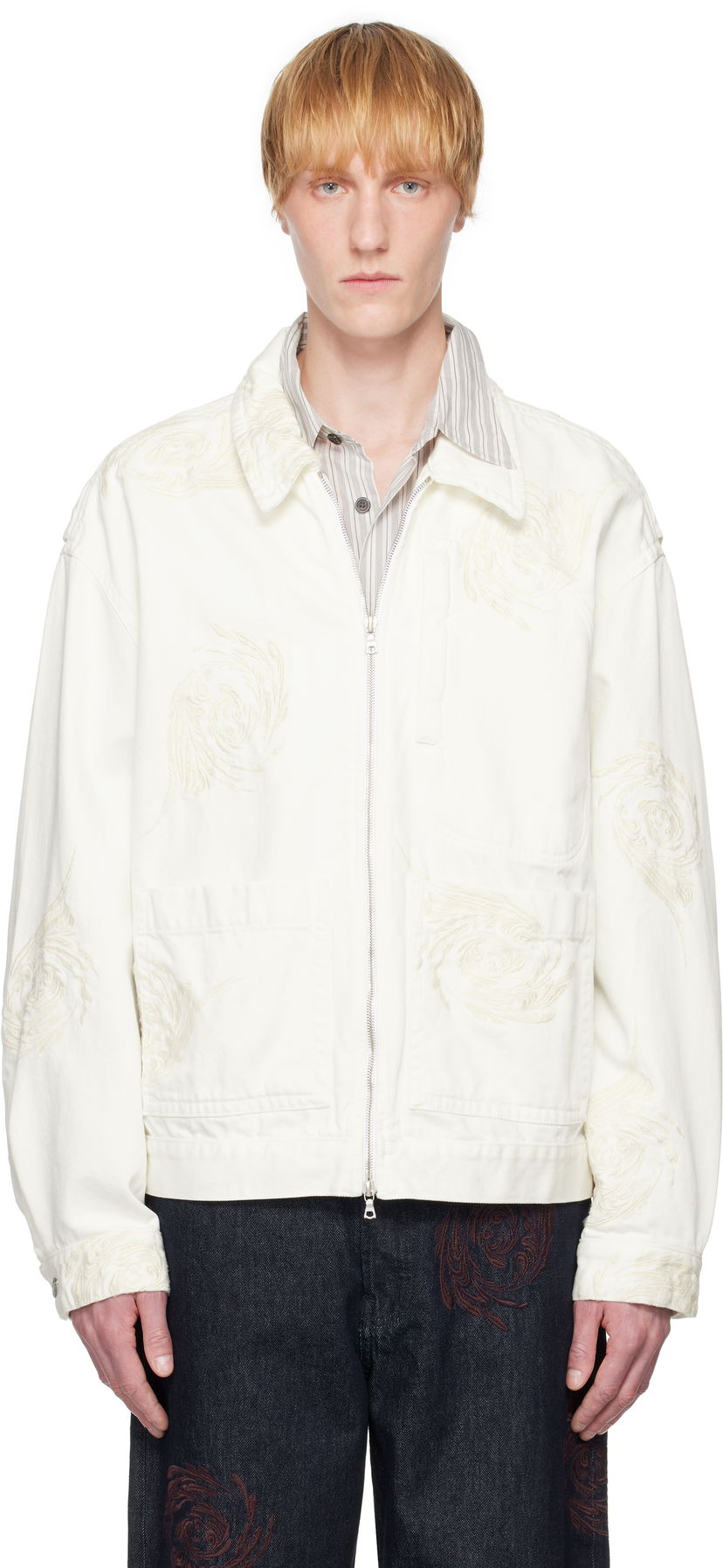Takki Dries Van Noten Dries Van Noten Embroidered Pattern Denim Jacket Valkoinen | 251-080505-1555