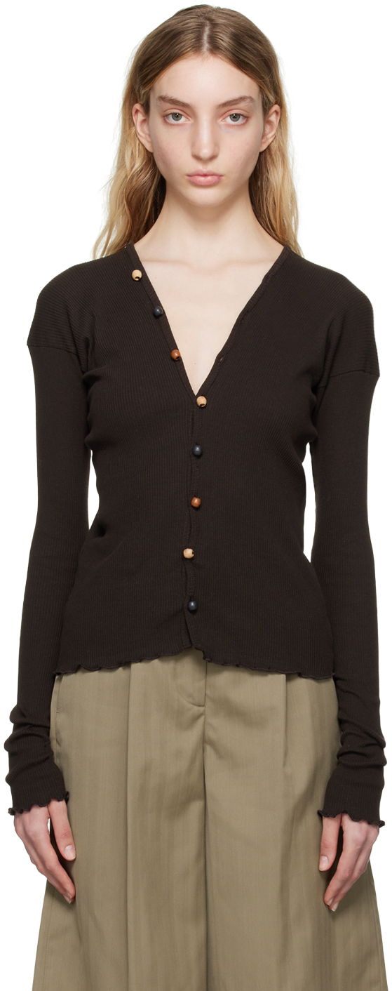 Villapaita Baserange Tav Ribbed V-Neck Cardigan with Beaded Buttons Ruskea | TOTVC-RC-SP23