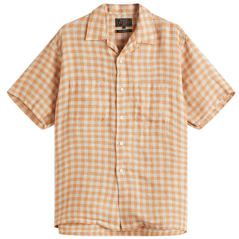 Paita BEAMS Beams Plus Open Collar Panama Plaid Linen Shirt, Size Large Oranssi | 3801-0179-139-45