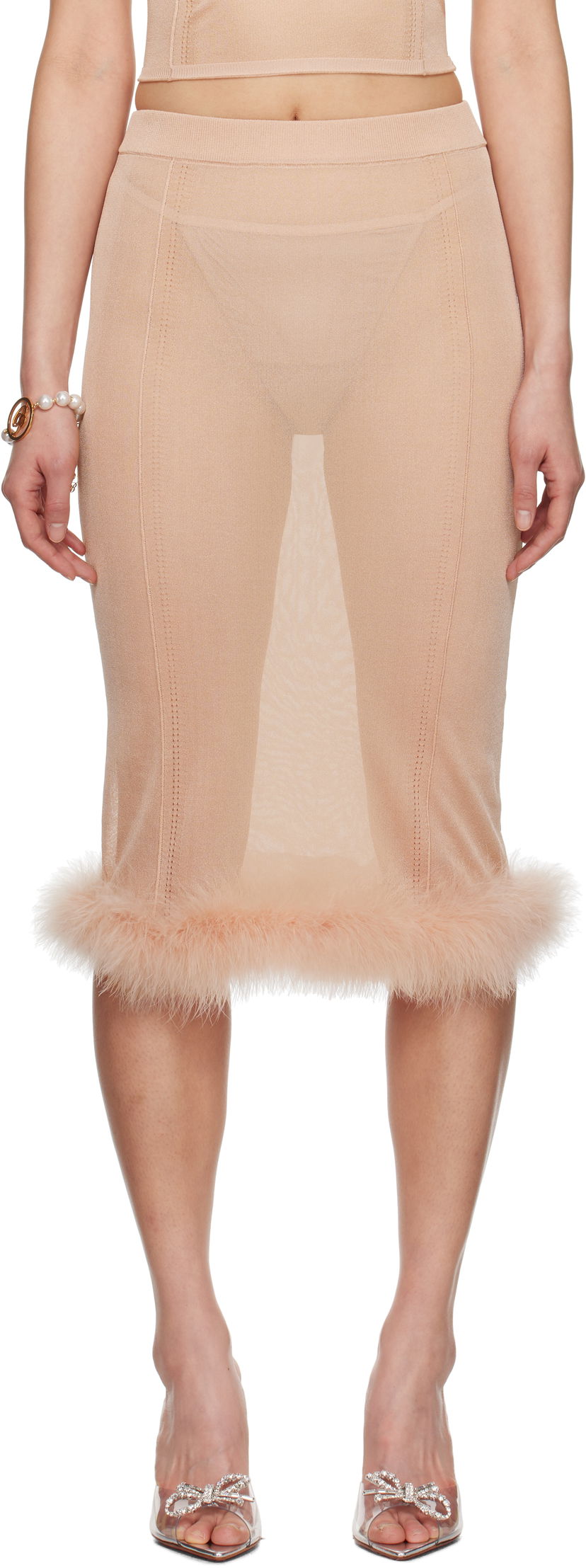 Hame Blumarine Blumarine Knit Midi Skirt with Feather Trim Beige | P522G234A
