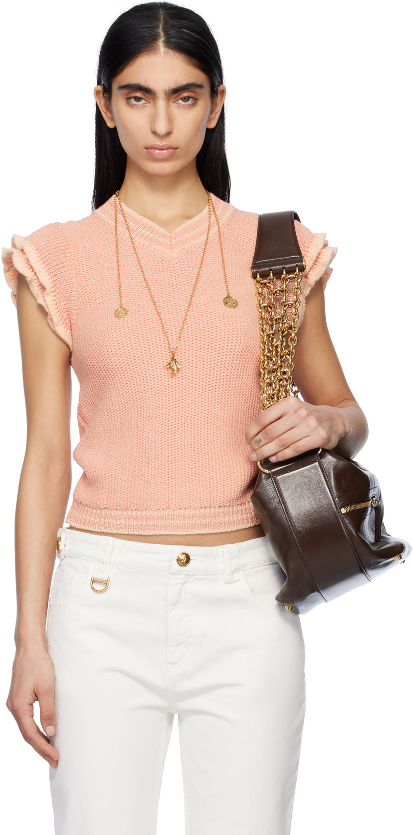 Villapaita CHLOÉ Chloé Knit Ruffle-Sleeve Sweater Vaaleanpunainen | CH25SMP03630